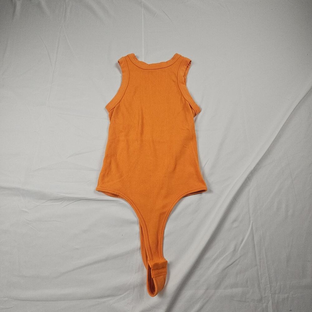 Minimalist Womens Happily Grey Ribbed Square Neck Bodysuit S/M Orange